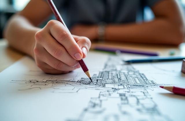 Student practising one-point perspective drawing at PrimeDraw Ireland